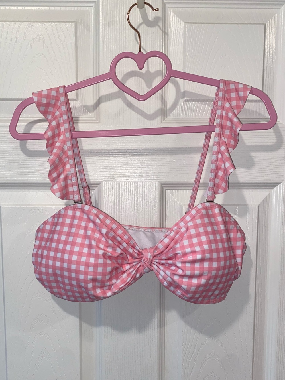 SHEIN Pink Gingham Ruffle Strap Bikini Top